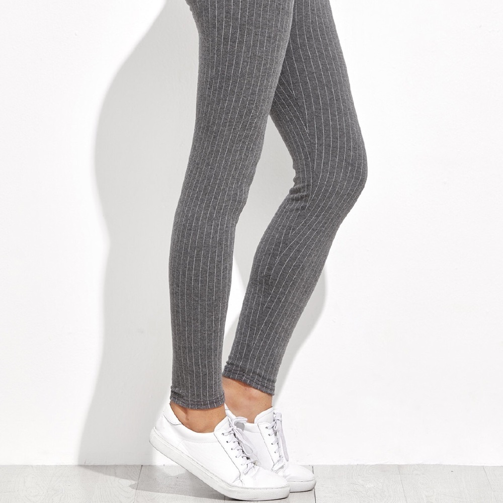 Light Gray and White Pinstripe High Waist Leggings - Picture 4 of 5